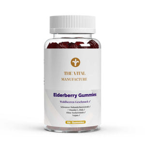 Elderberry + Vitamin C + Zink Gummies in transparenter Dose mit weißen Etikett, roter Waldbeer-Gummiform und vegan