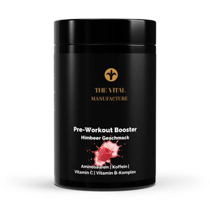 Pre-Workout Booster Pulver mit Himbeer-Geschmack von The Vital Manufacture, 520g Dose mit Koffein, Kreatin und Aminosäuren.