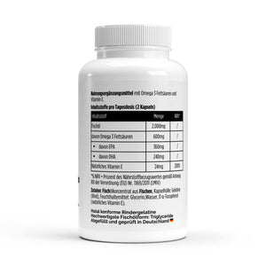 Dose mit 120 Omega 3 Kapseln von THE VITAL MANUFACTURE, enthält 2000mg Fischöl und natürliches Vitamin E pro Tagesdosis.