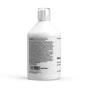 500ml láhev Vita Complete Multivitamin od THE VITAL MANUFACTURE, tekuté veganské šoty s pomerančovou příchutí a aminokyselinovým komplexem.