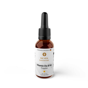 50ml Flasche Vitamin D3 & K2 Tropfen von THE VITAL MANUFACTURE, laborgeprüft, 1000 I.E. pro Tropfen auf Kokosöl-Basis.