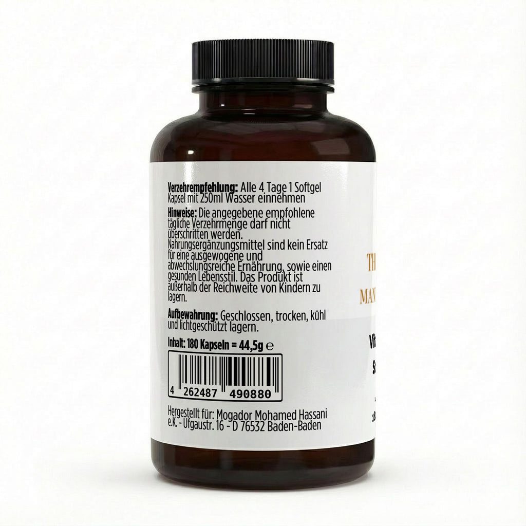 Schwarze Dose der Vitamin D3 Softgels von THE VITAL MANUFACTURE, 4.000 I.E. pro Kapsel, Vorratspackung mit 180 Softgels auf Basis von Sonnenblumenöl.