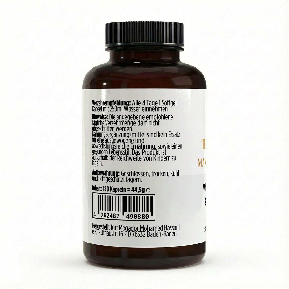Schwarze Dose der Vitamin D3 Softgels von THE VITAL MANUFACTURE, 4.000 I.E. pro Kapsel, Vorratspackung mit 180 Softgels auf Basis von Sonnenblumenöl.