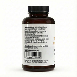 Schwarze Dose der Vitamin D3 Softgels von THE VITAL MANUFACTURE, 4.000 I.E. pro Kapsel, Vorratspackung mit 180 Softgels auf Basis von Sonnenblumenöl.