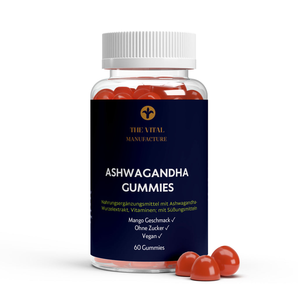 3 Gummies neben einer Dose Ashwaganda Gummies und Vitamin B6 von The Vital Manufacture