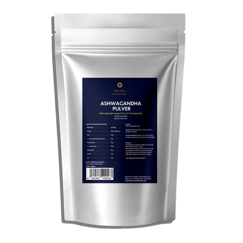 Doy Pack Ashwaganda Pulver von The Vital Manufacture mit Nährwerten und Verzehrsempfehlung