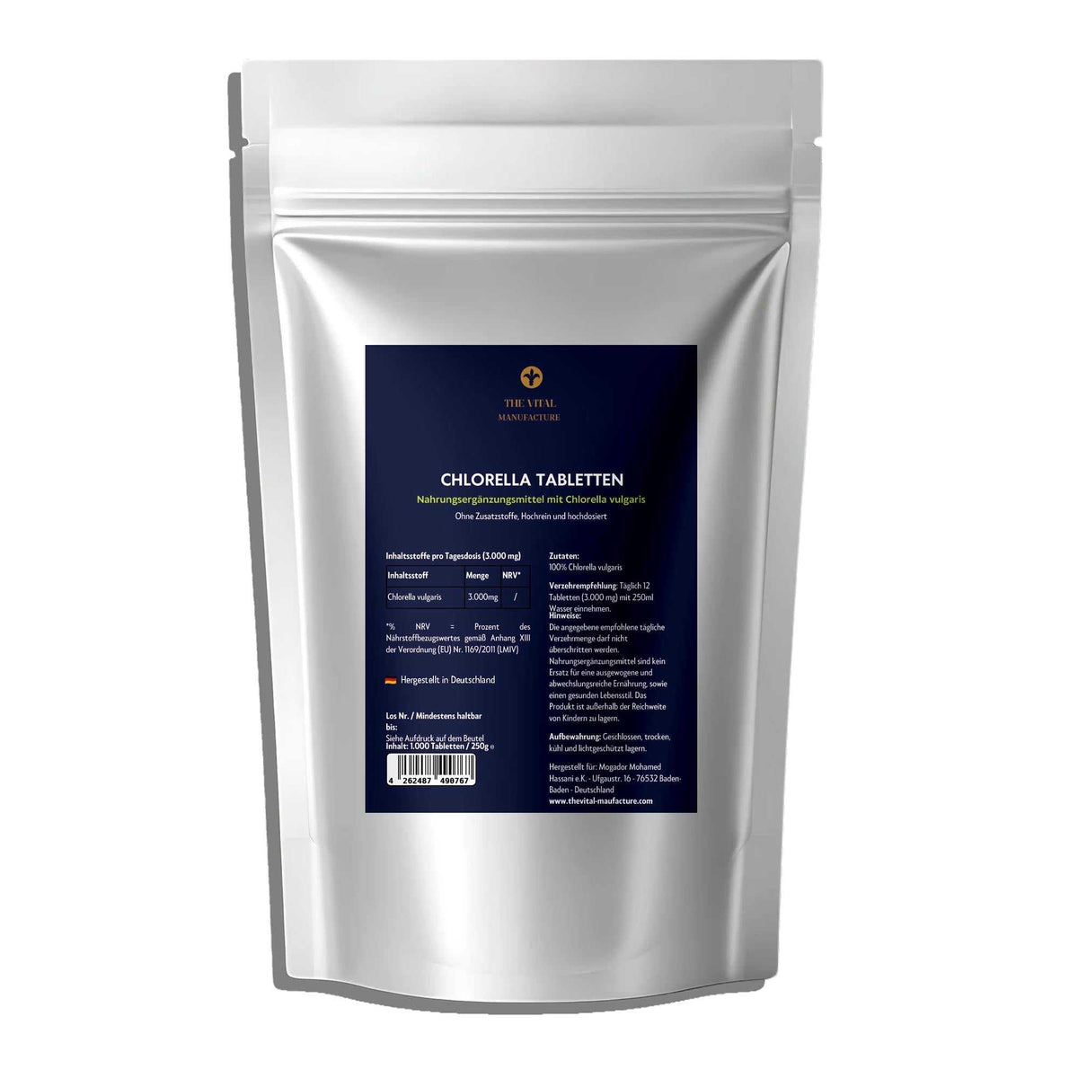 Doy Pack Chlorella Tabletten mit Nährwerten und Verzehrsempfehlung von The Vital Manufacture