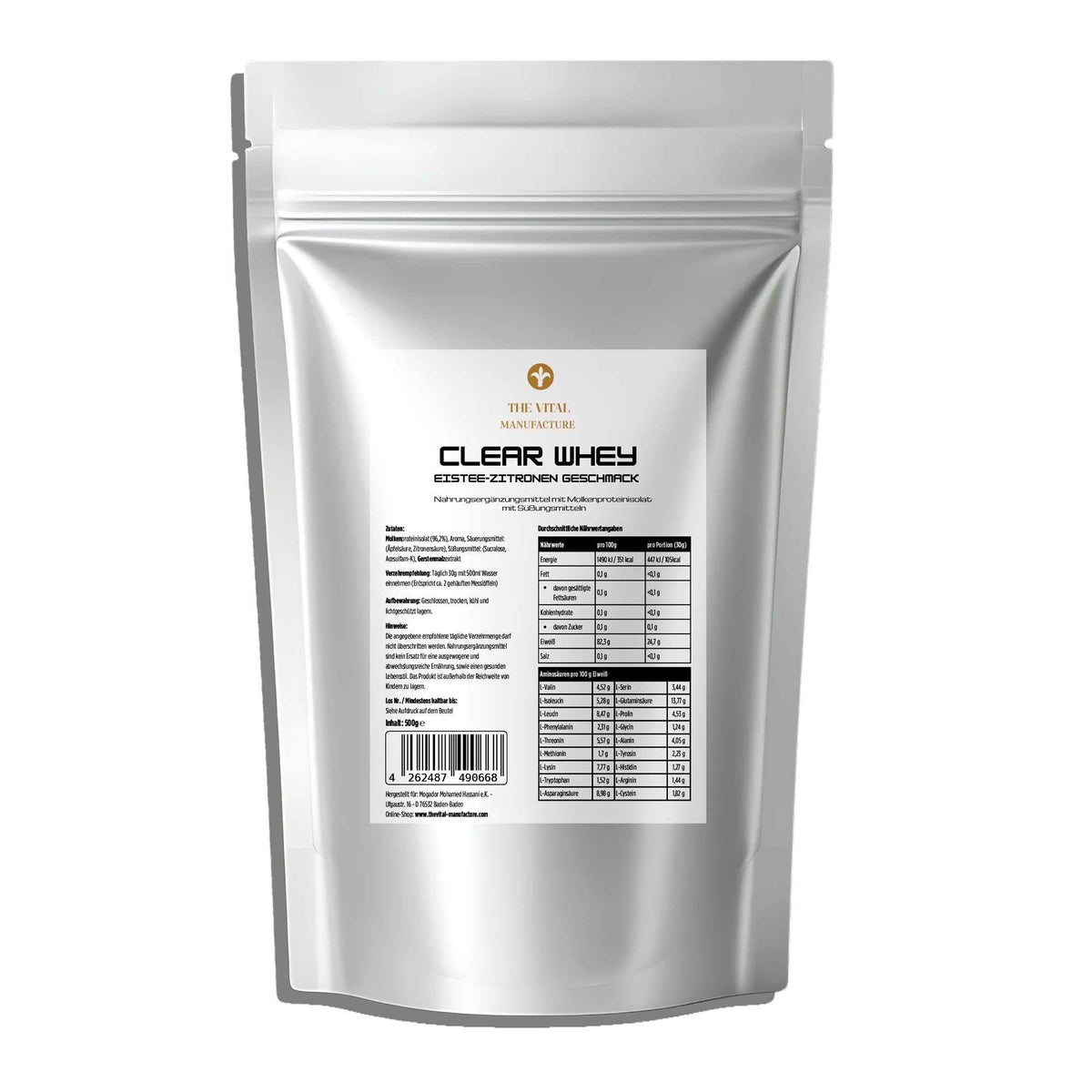 Packung 500 g Clear Whey Eistee Zitrone mit Zusammensetzung und Verwendungsempfehlung