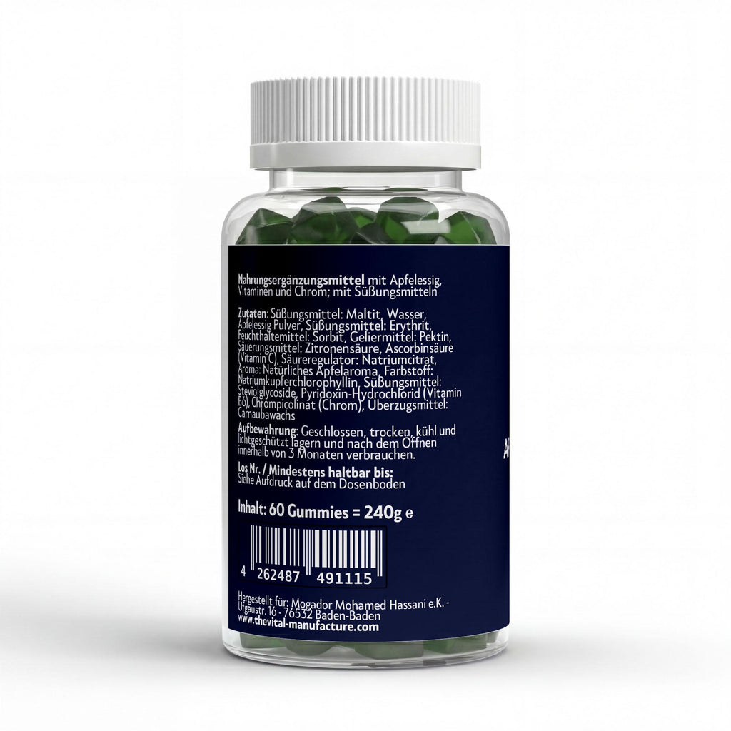Zutatenliste von Apfelessig Gummies mit Vitamin C und B6, zuckerfrei und vegan friendliy, 60 Stück, Apfel Geschmack