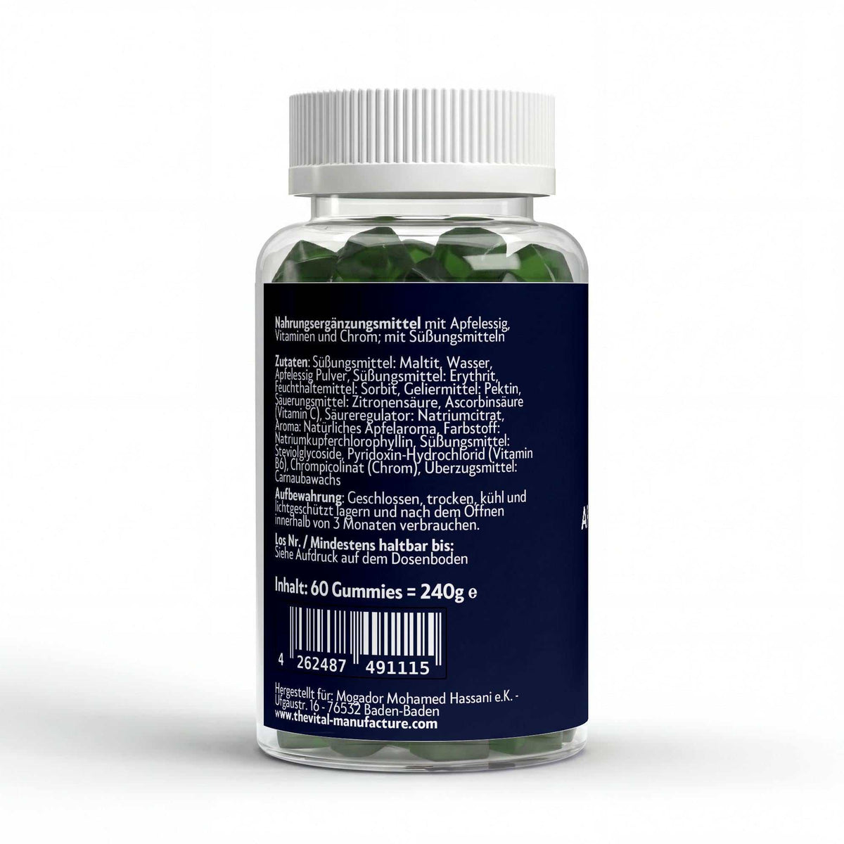 Zutatenliste von Apfelessig Gummies mit Vitamin C und B6, zuckerfrei und vegan friendliy, 60 Stück, Apfel Geschmack