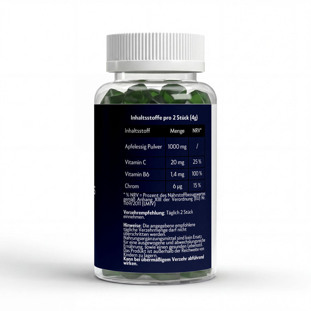 Nährwerte und Verzehrsempfehlung von Apfelessig Gummies mit Vitamin C und B6, zuckerfrei und vegan friendliy, 60 Stück, Apfel Geschmack
