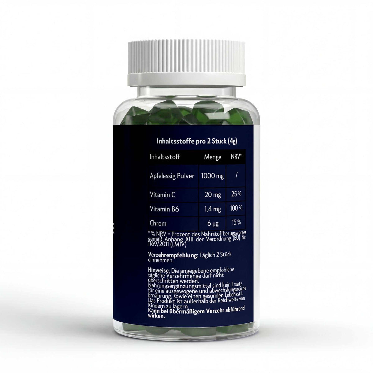 Nährwerte und Verzehrsempfehlung von Apfelessig Gummies mit Vitamin C und B6, zuckerfrei und vegan friendliy, 60 Stück, Apfel Geschmack