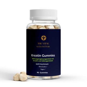 Dose Kreatin Gummies von The Vital Manufacture mit 3 Gummies neben der Dose
