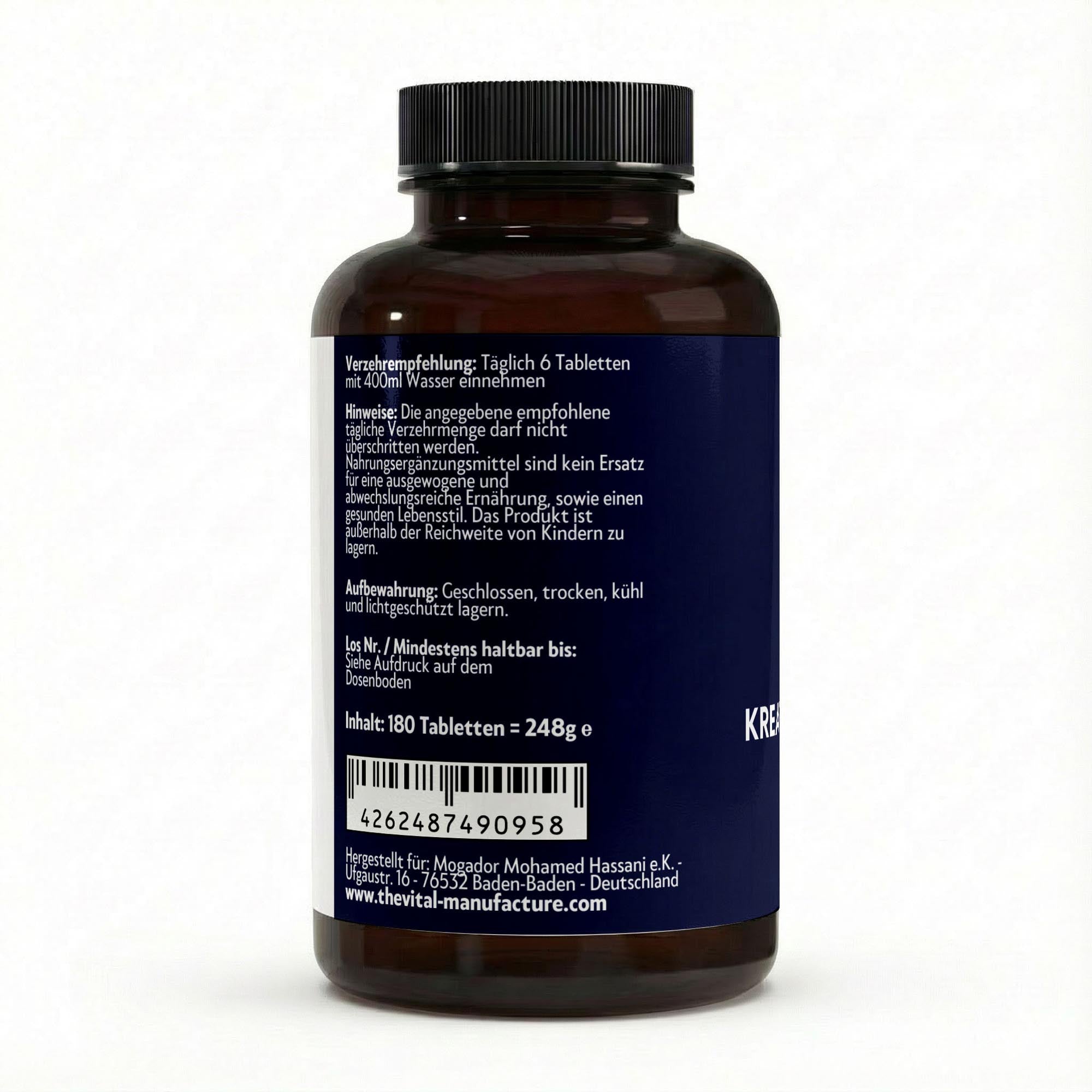 Verzehrsempfehlung für Kreatin Monohydrat Tabletten von The Vital Manufacture