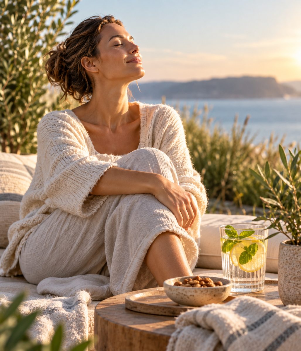 Entspannte Frau am Meer – Balance, Wohlbefinden und bewusster Lebensstil