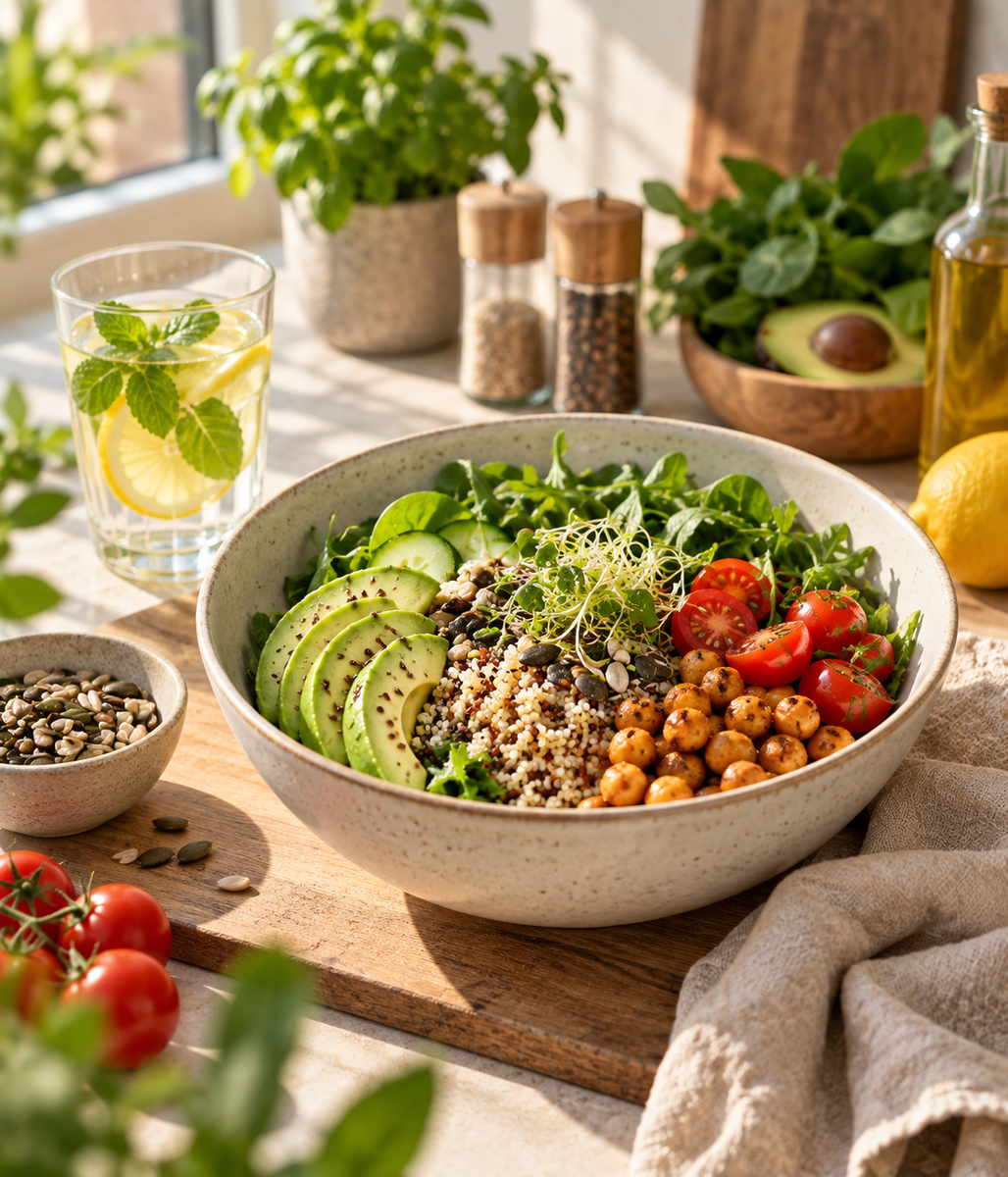 Gesunde Bowl mit Avocado, Gemüse, Kichererbsen und Quinoa – ausgewogene Ernährung im Alltag