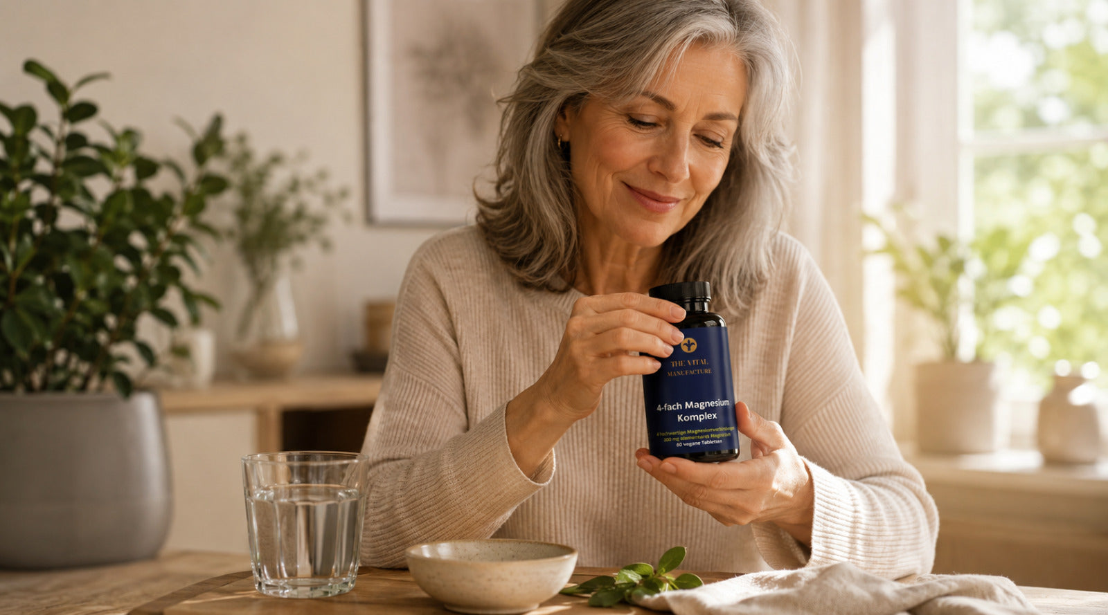 Frau mit Magnesium 4-fach Komplex von The Vital Manufacture und einem Glas Wasser
