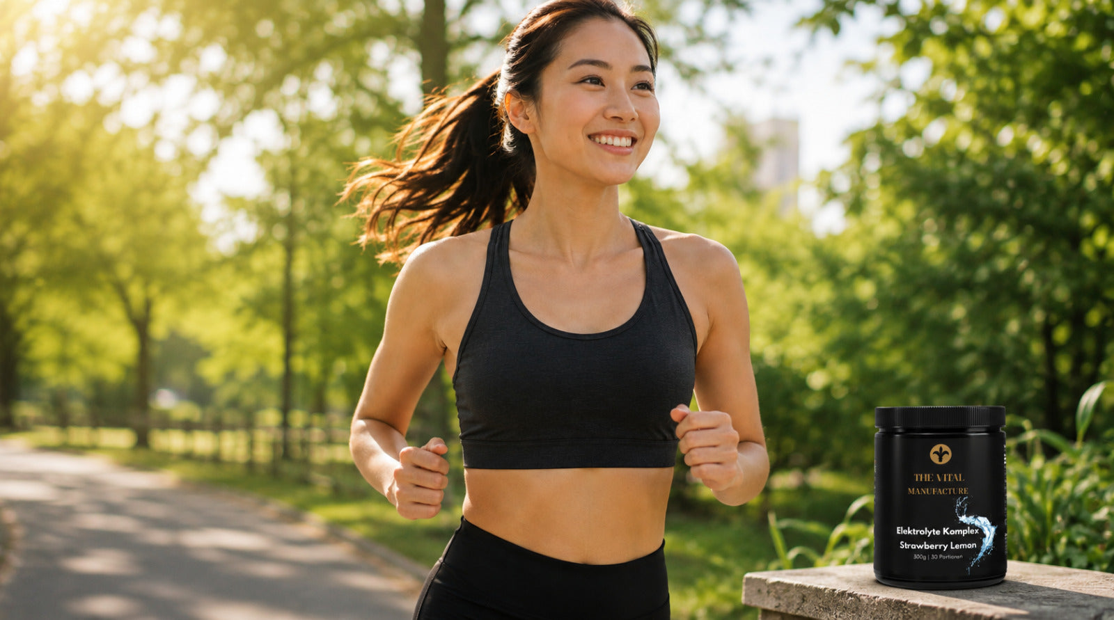 Frau beim Joggen mit Elektrolyte Komplex von The Vital Manufacture