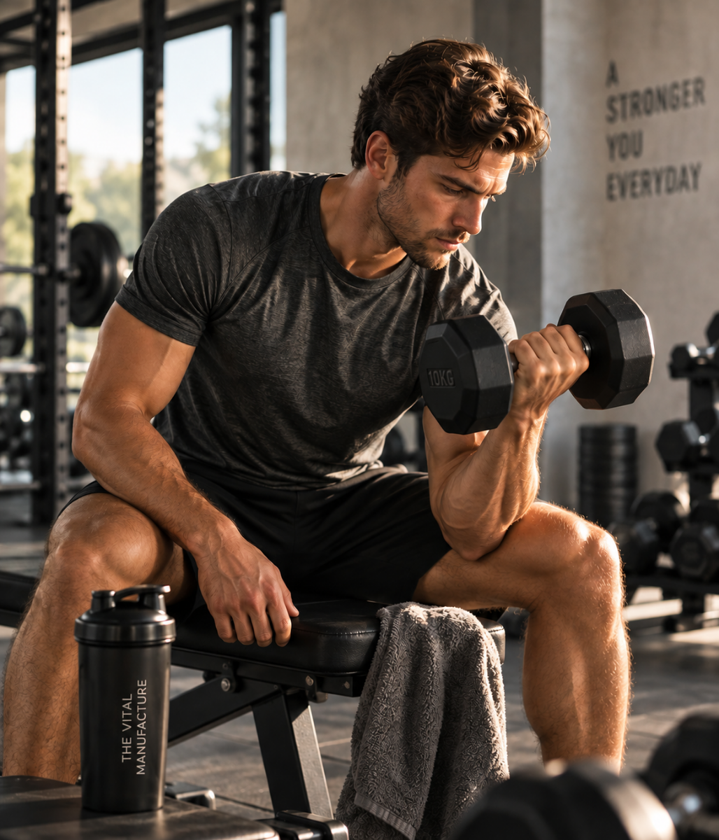 Mann beim Krafttraining mit Kurzhantel im Fitnessstudio – Sport, Fitness und aktiver Lebensstil