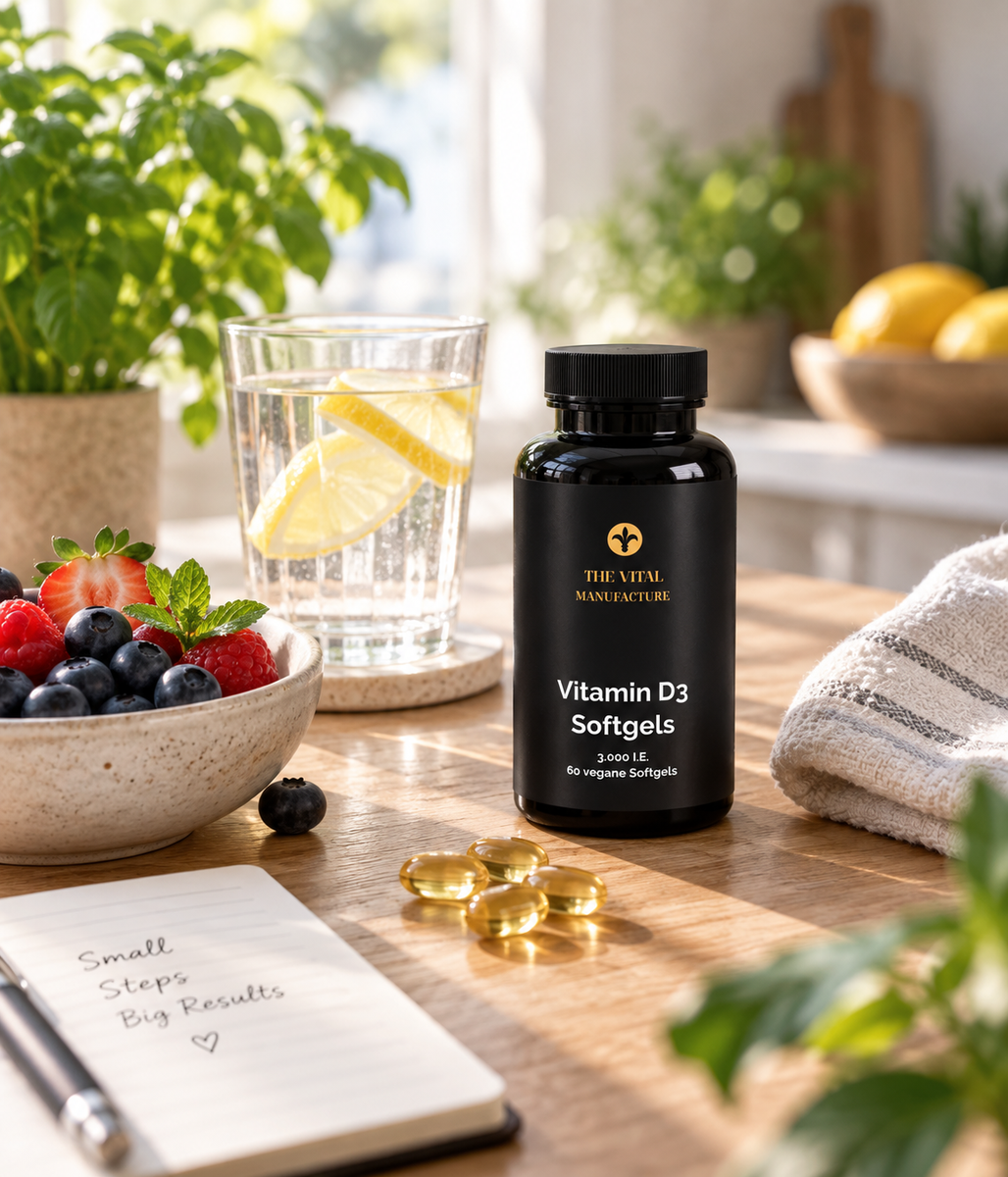 Vitamin D3 Softgels von The Vital Manufacture mit Wasser und Beeren – tägliche Nahrungsergänzung