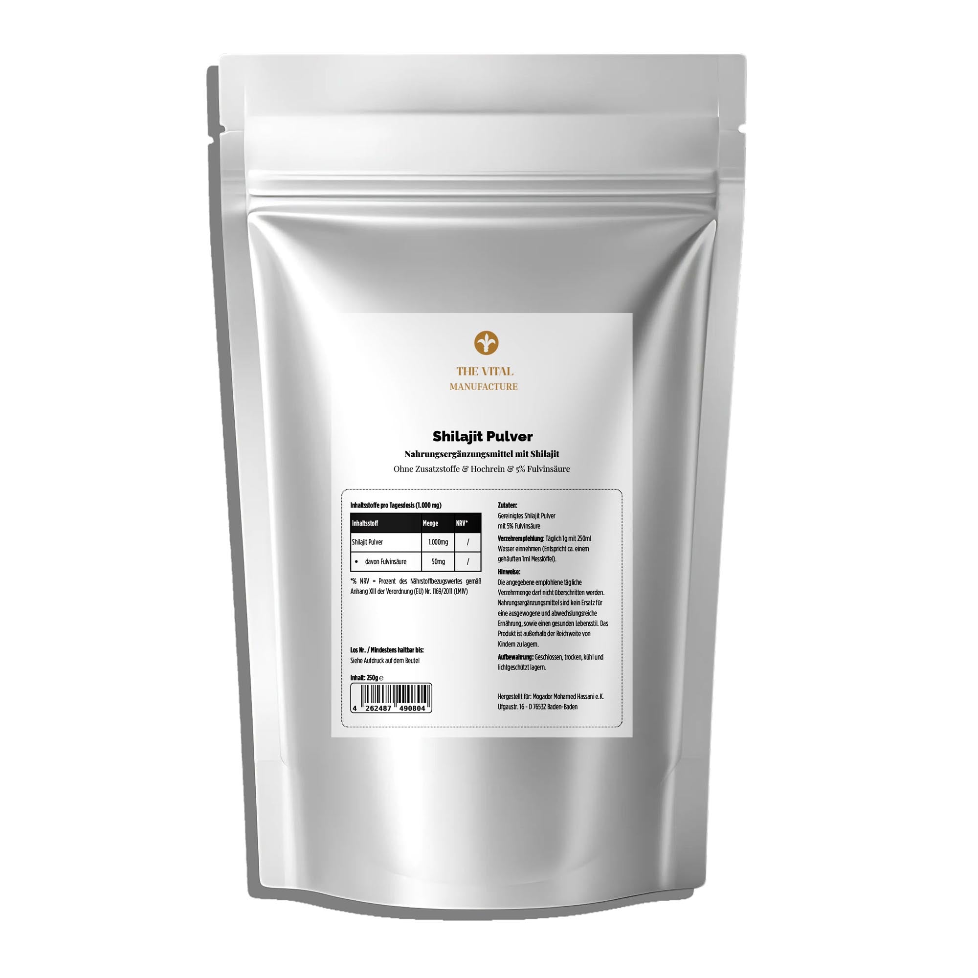 250g Doypack mit Shilajit Pulver von THE VITAL MANUFACTURE, gereinigtes Pulver mit 5% Fulvinsäure-Anteil.