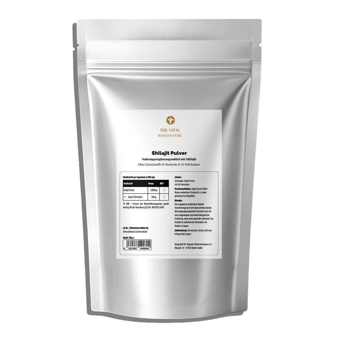 250g Doypack mit Shilajit Pulver von THE VITAL MANUFACTURE, gereinigtes Pulver mit 5% Fulvinsäure-Anteil.