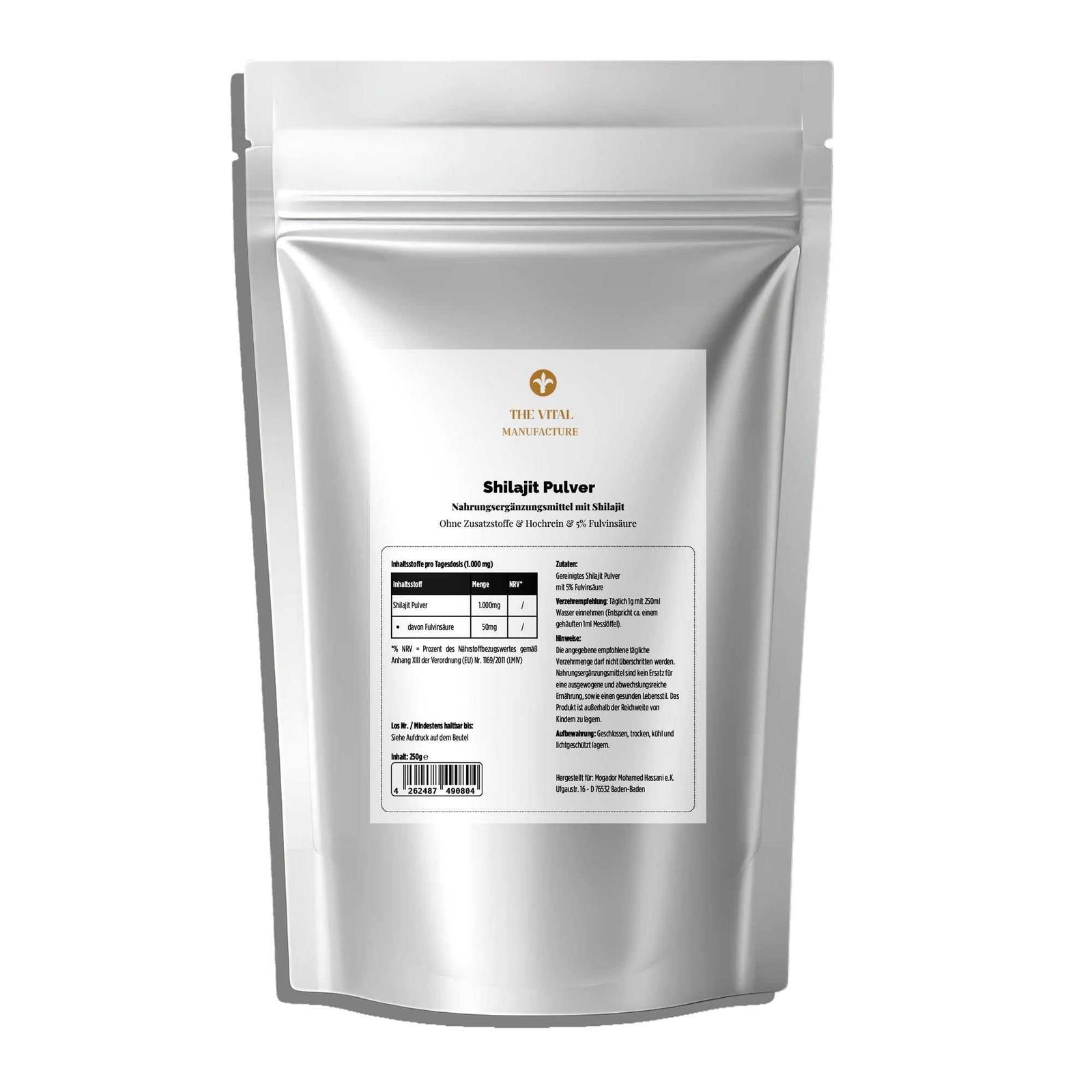 250g Doypack mit Shilajit Pulver von THE VITAL MANUFACTURE, gereinigtes Pulver mit 5% Fulvinsäure-Anteil.