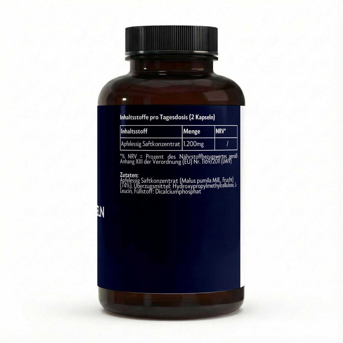Apfelessig Extrakt vegane Kapseln in brauner Flasche mit schwarzem Schraubdeckel und Inhaltsstoffangabe 1200mg Apfelessig Saftkonzentrat