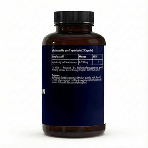 Apfelessig Extrakt vegane Kapseln in brauner Flasche mit schwarzem Schraubdeckel und Inhaltsstoffangabe 1200mg Apfelessig Saftkonzentrat