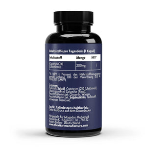Coenzym Q10 200mg Nahrungsergänzungsmittel Flasche mit schwarzem Kunststoffdeckel und blauer Etikettierung mit Inhaltsstoffangaben