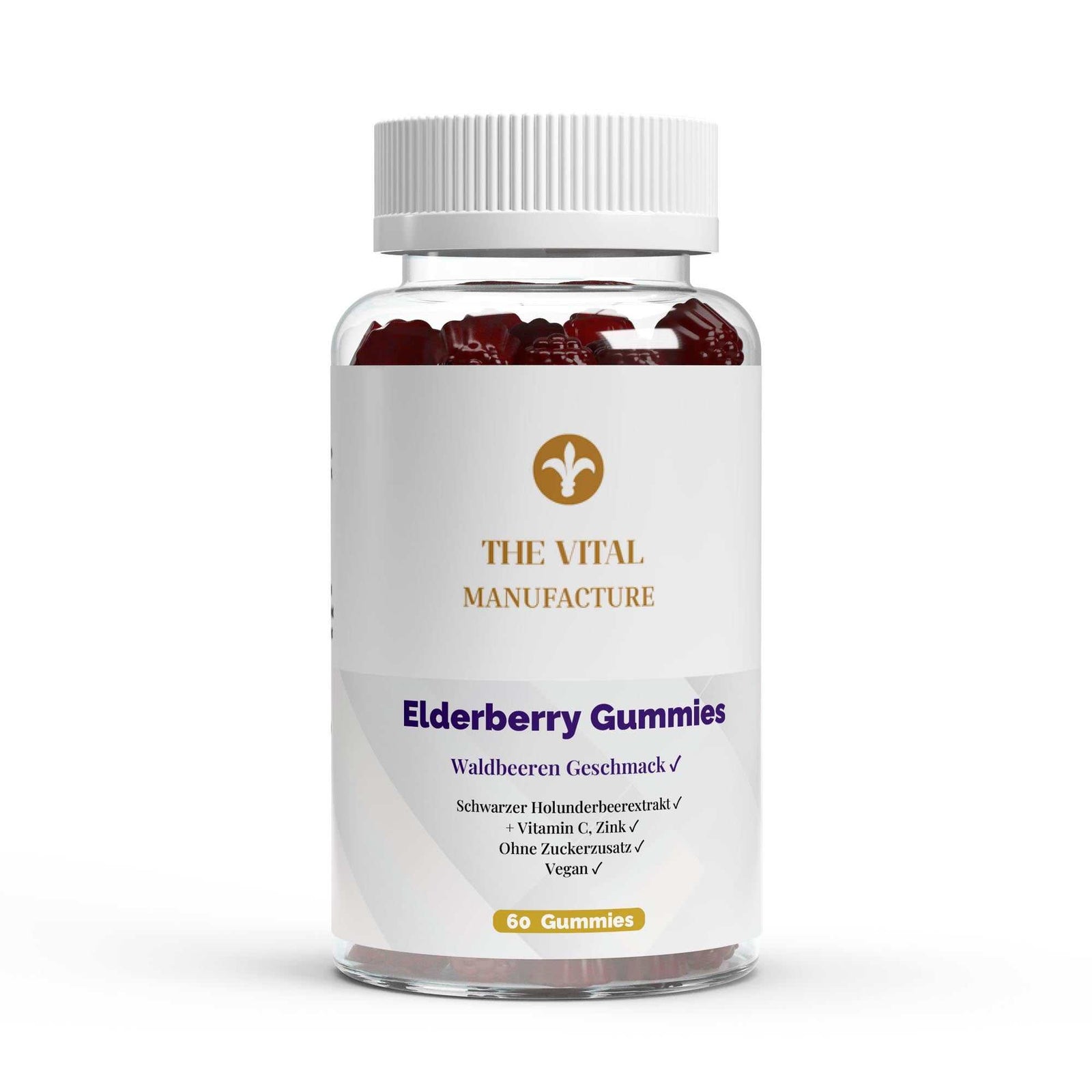 Elderberry + Vitamin C + Zink Gummies in transparenter Dose mit weißen Etikett, roter Waldbeer-Gummiform und vegan