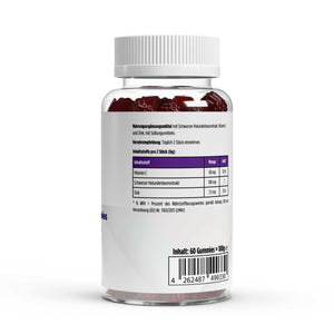 Elderberry + Vitamin C + Zink Gummies in durchsichtiger Kunststoffflasche mit weißem Deckel und Nährstofftabelle auf der Rückseite