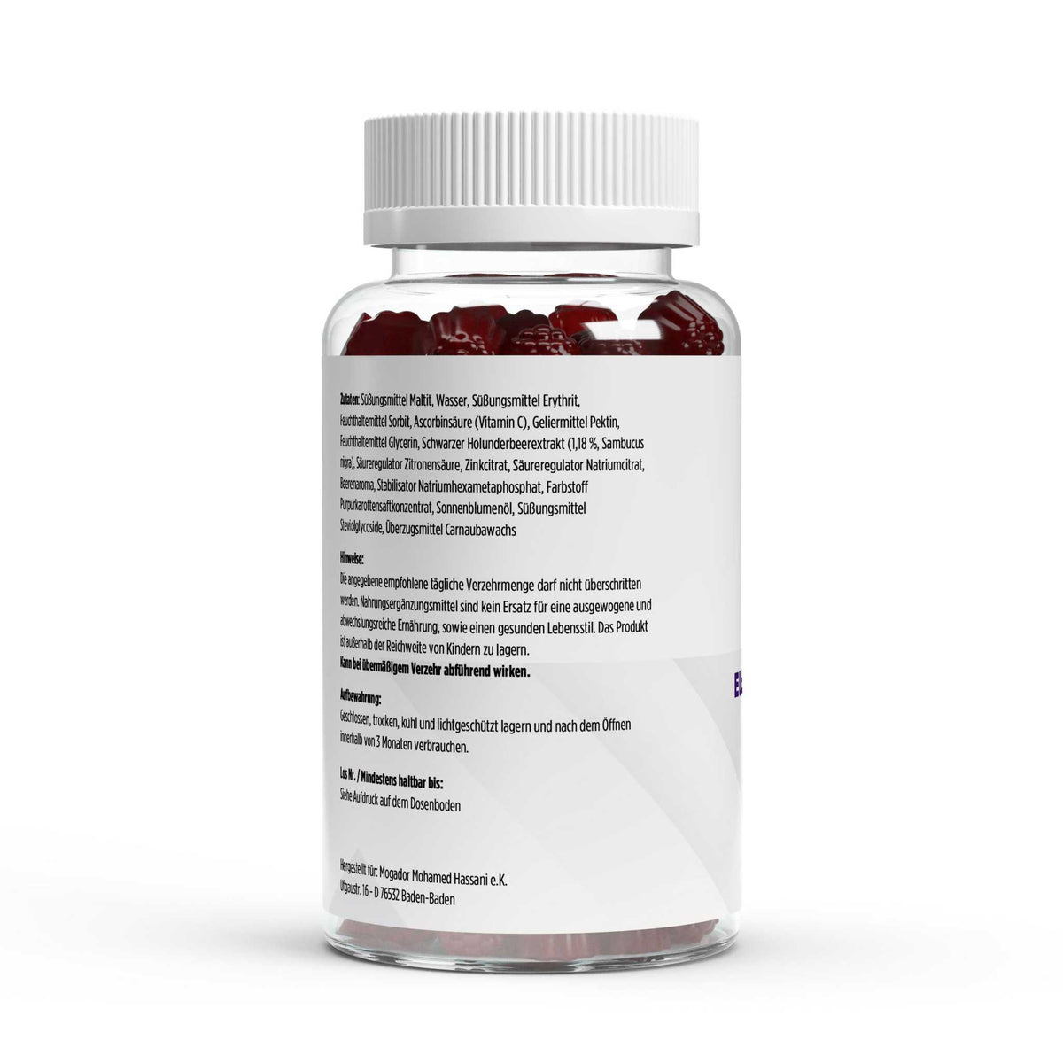 Elderberry + Vitamin C + Zink Gummies im durchsichtigen Kunststoffglas mit weißen Schraubdeckel, rote gummy Supplemente sichtbar