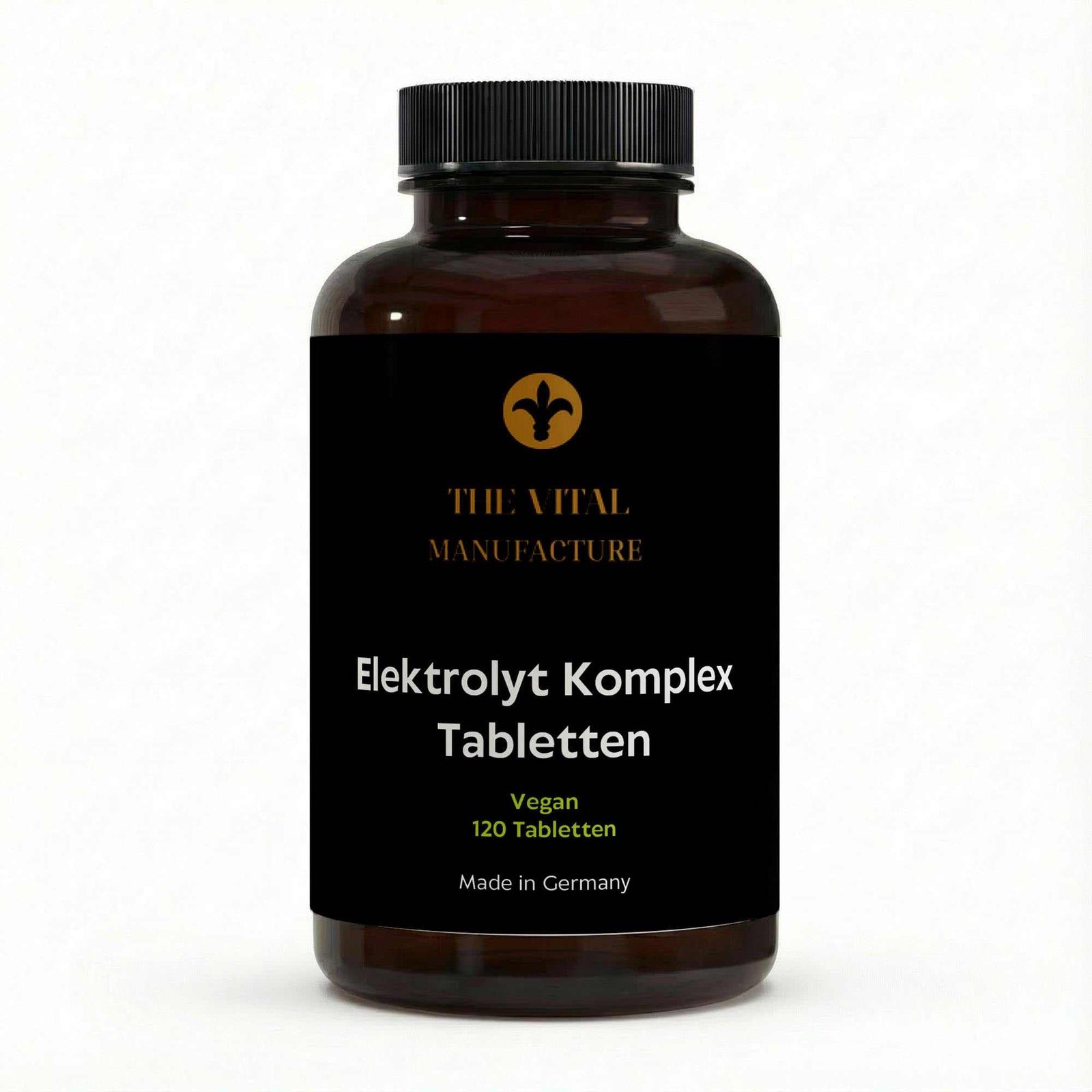 Braune Glasflasche mit schwarzem Etikett und weißer Aufschrift Elektrolyt Komplex Tabletten, vegan, 120 Tabletten