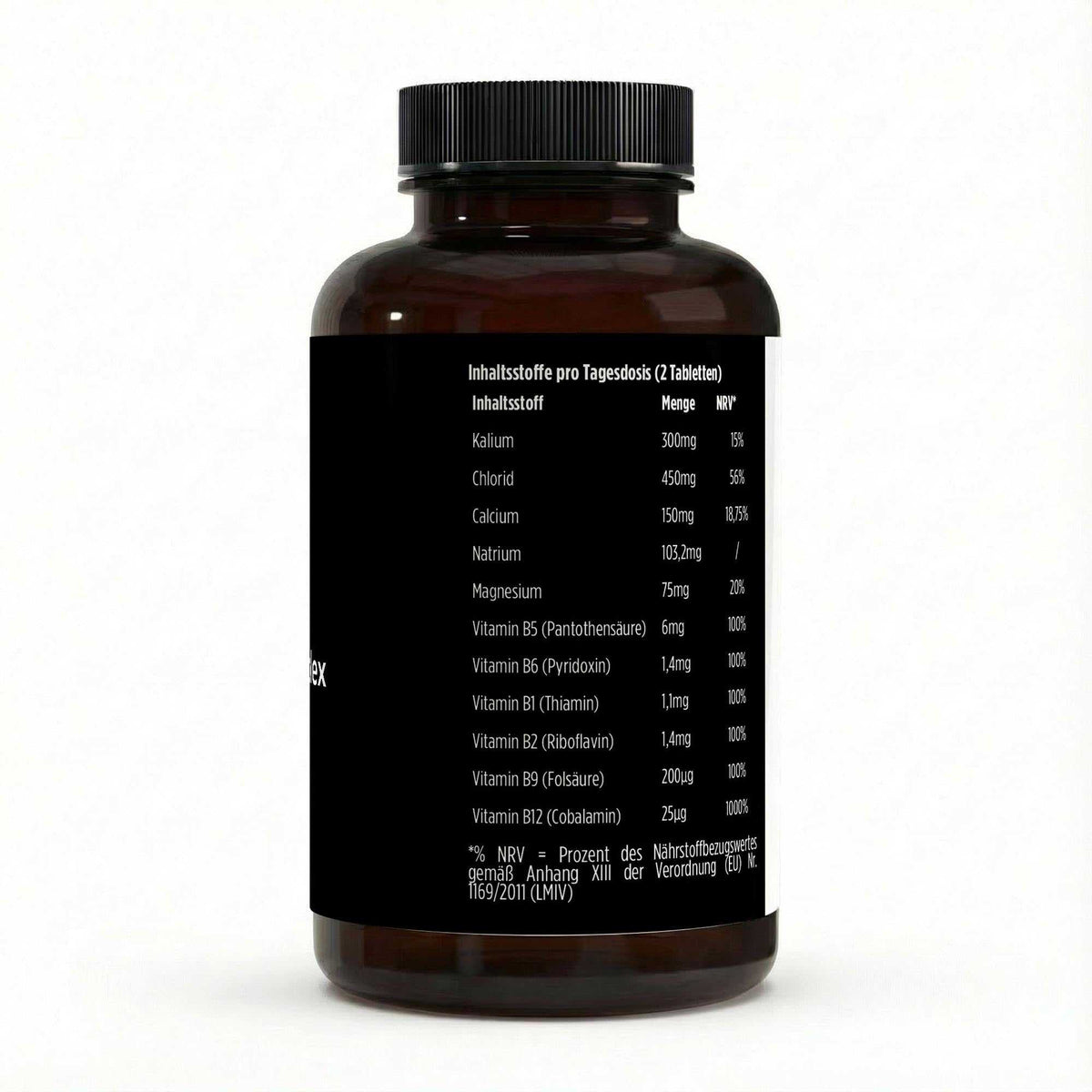 Elektrolyt Komplex Tabletten Flasche aus braunem Kunststoff mit schwarzem Schraubdeckel und Nährstoffangaben auf schwarzem Etikett