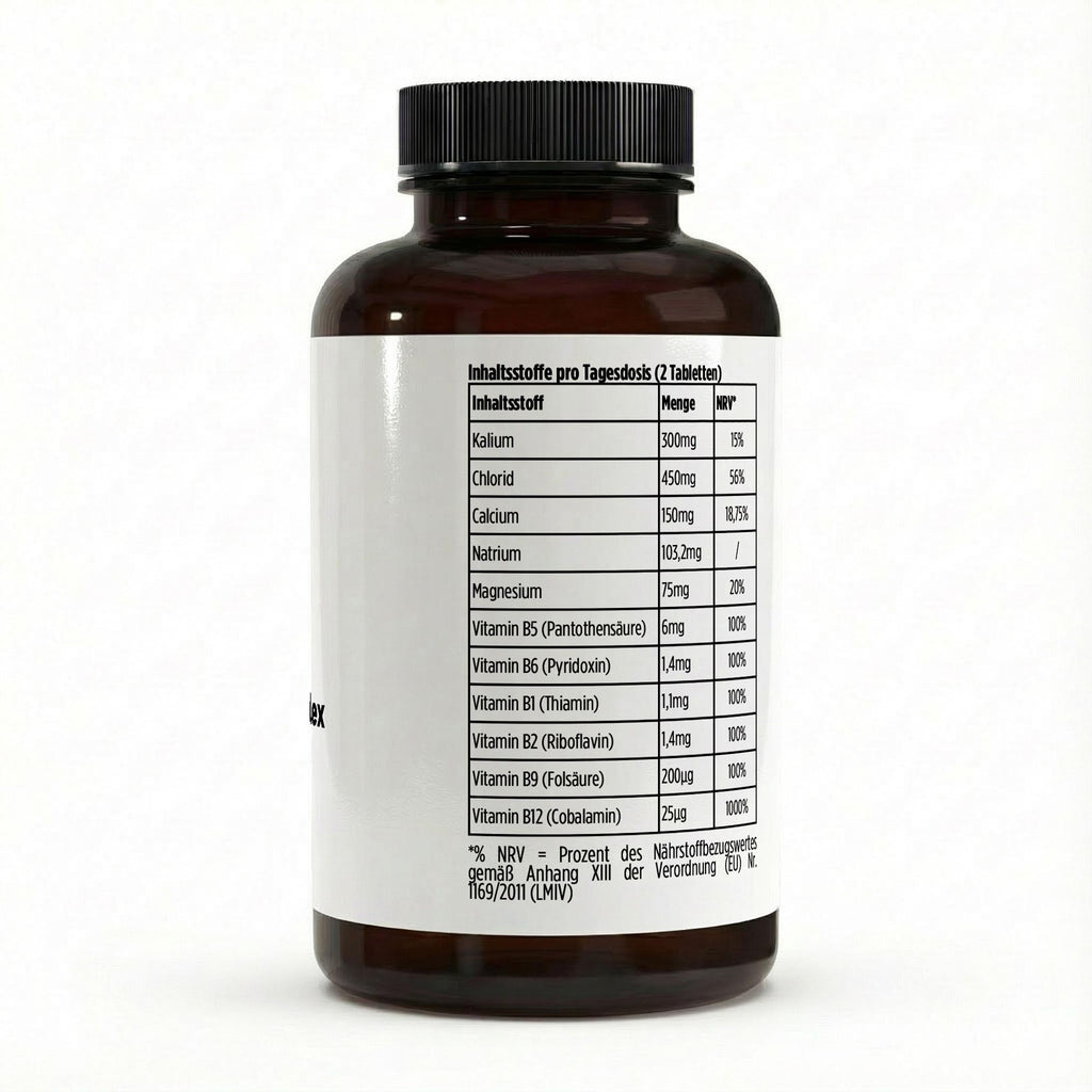 Inhaltsstoffe der Dose mit 120 veganen Elektrolyt Komplex Tabletten von THE VITAL MANUFACTURE