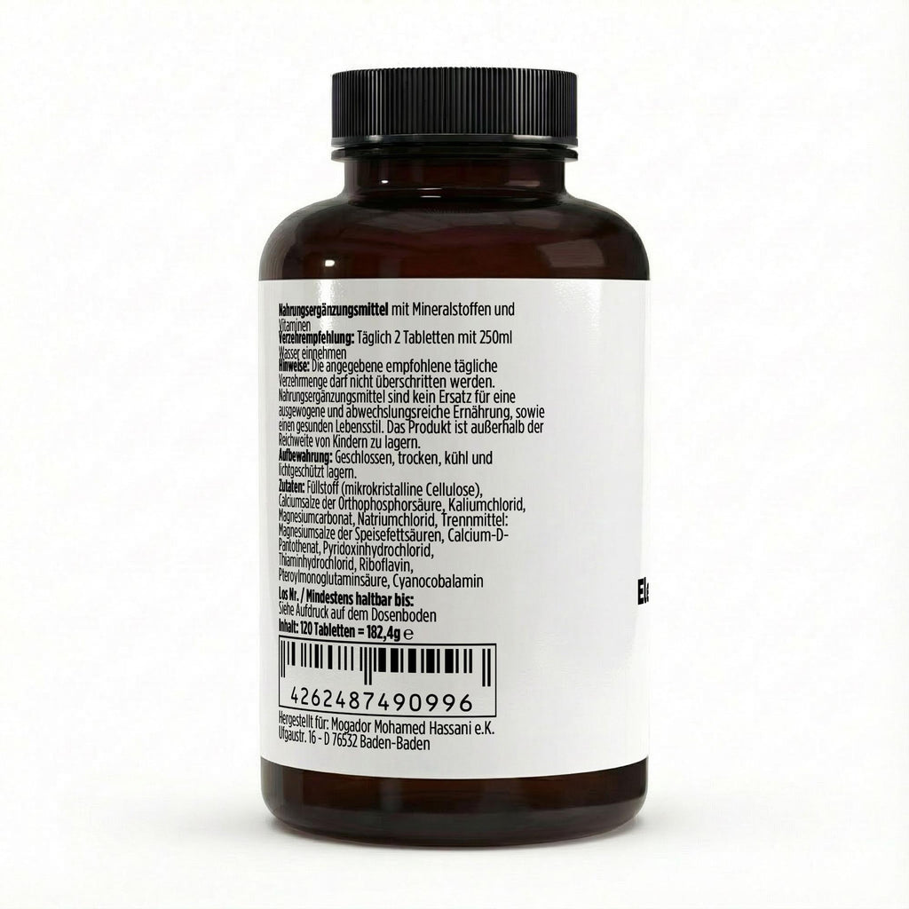 Verzehrsempfehlung der Dose mit 120 veganen Elektrolyt Komplex Tabletten von THE VITAL MANUFACTURE