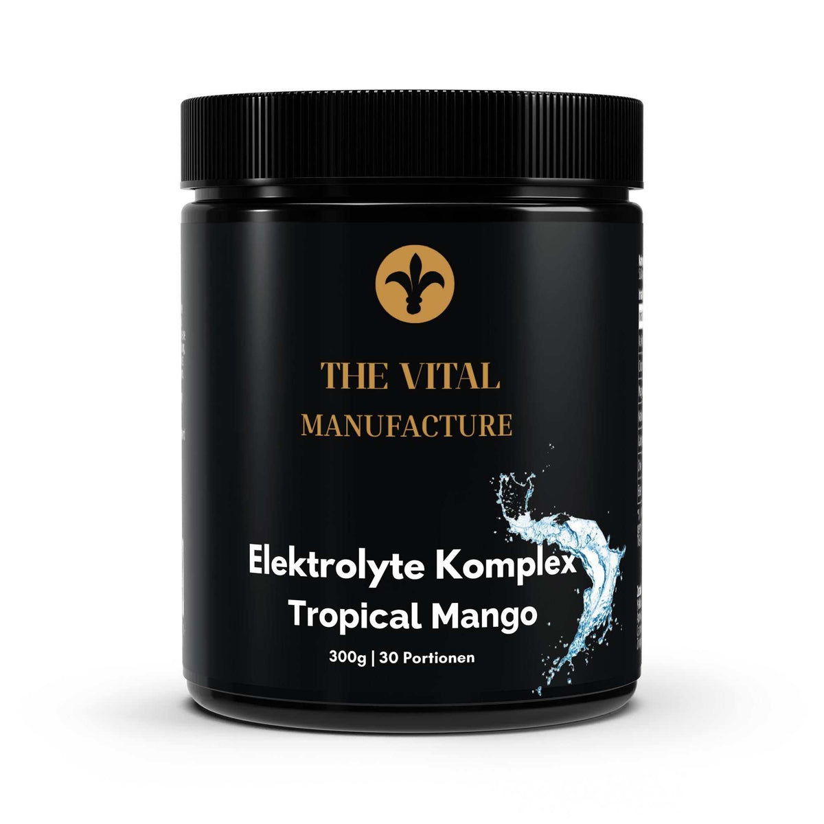 Elektrolyte Pulver schwarzer Kunststoffbehälter mit goldenem Logo und weißer Schrift Tropical Mango Geschmacksrichtung