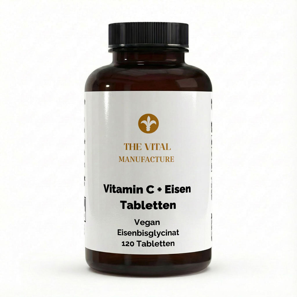 Vorderansicht der Dose mit 120 veganen Vitamin C + Eisen Tabletten von THE VITAL MANUFACTURE