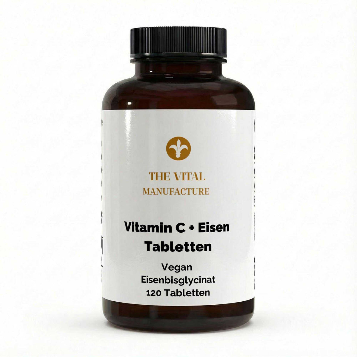 Vorderansicht der Dose mit 120 veganen Vitamin C + Eisen Tabletten von THE VITAL MANUFACTURE