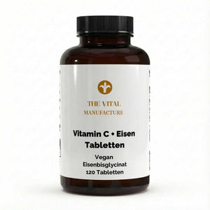 Vorderansicht der Dose mit 120 veganen Vitamin C + Eisen Tabletten von THE VITAL MANUFACTURE