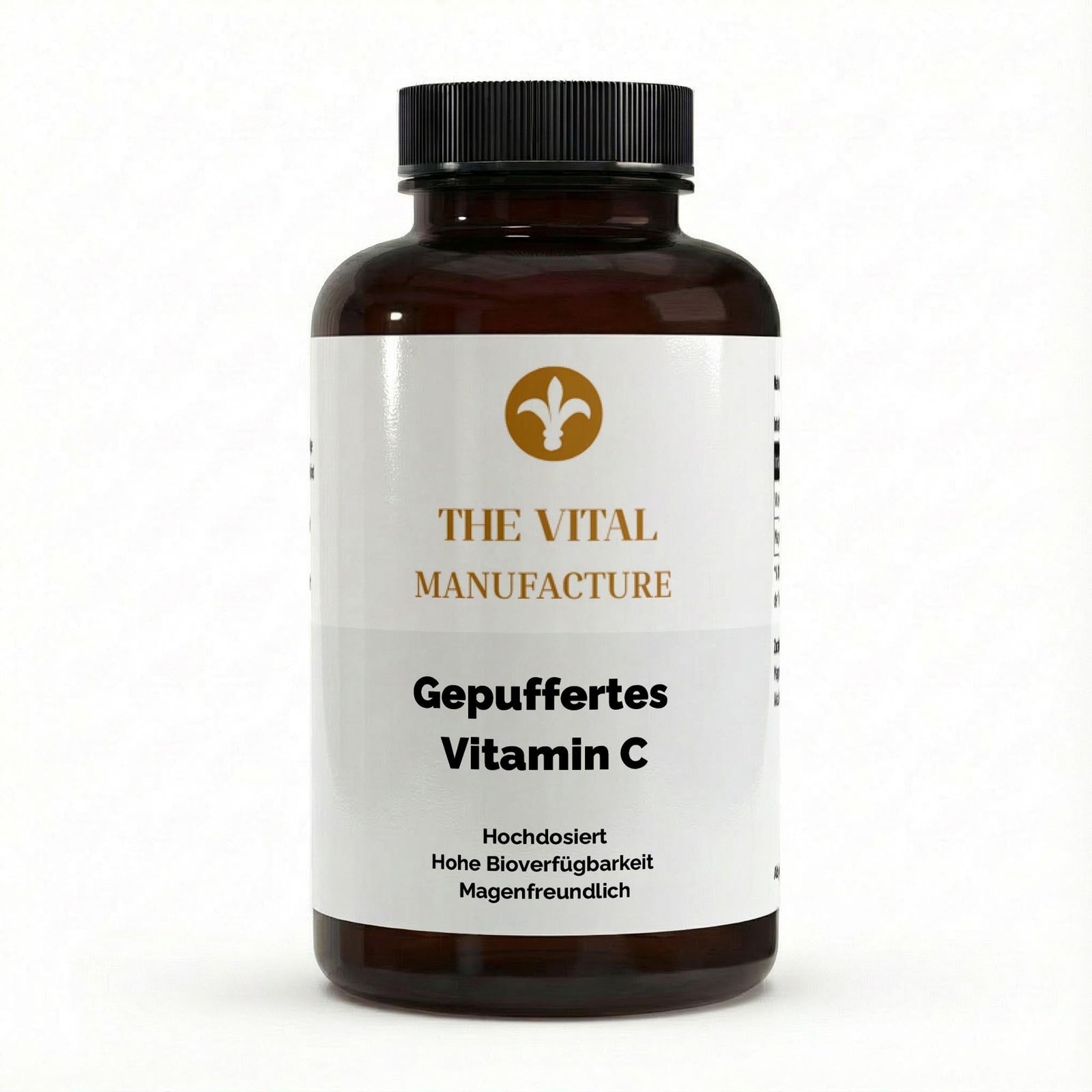 Braune Kunststoffdose mit schwarz-weißem Etikett, Aufschrift gepuffertes Vitamin C, Hochdosiert und magenfreundlich