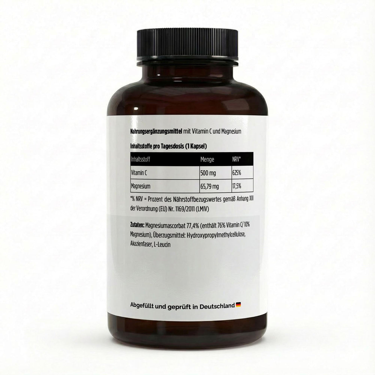 Braune Kunststoff-Dose mit schwarzem Schraubdeckel und weißem Etikett zeigt Nährstoffangaben für gepuffertes Vitamin C und Magnesium