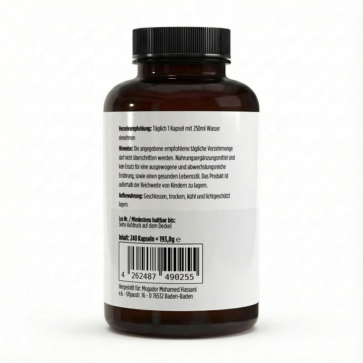 Braune Kunststoffdose mit schwarzem Deckel und weißem Etikett, zeigt Hinweise, Barcode und Inhaltsangabe für gepuffertes Vitamin C 500mg mit Magnesium
