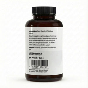 Braune Kunststoffdose mit schwarzem Deckel und weißem Etikett, zeigt Hinweise, Barcode und Inhaltsangabe für gepuffertes Vitamin C 500mg mit Magnesium