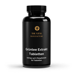 Grüntee Extrakt Tabletten in schwarzer Kunststoffdose mit goldener Aufschrift und weißem Label 100mg 40% Polyphenole 60 Tabletten