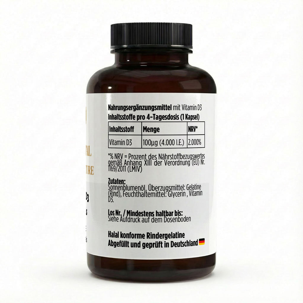 Schwarze Dose der Vitamin D3 Softgels von THE VITAL MANUFACTURE, 4.000 I.E. pro Kapsel, Vorratspackung mit 180 Softgels auf Basis von Sonnenblumenöl.