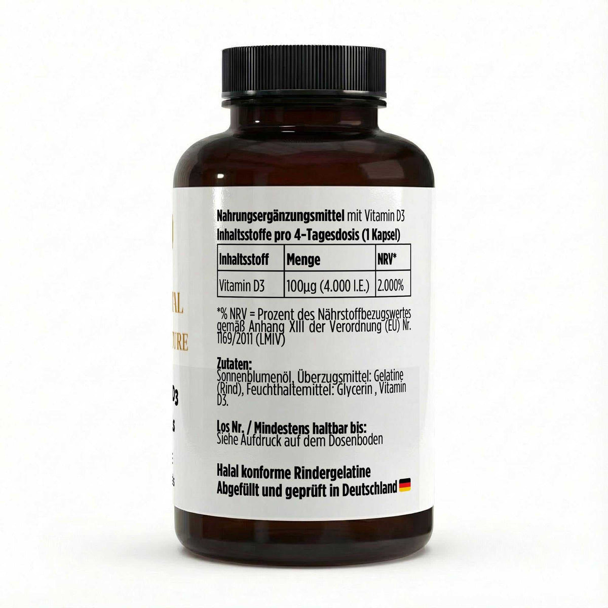 Schwarze Dose der Vitamin D3 Softgels von THE VITAL MANUFACTURE, 4.000 I.E. pro Kapsel, Vorratspackung mit 180 Softgels auf Basis von Sonnenblumenöl.
