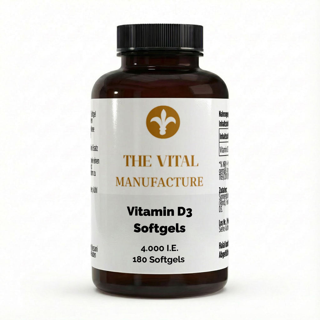 Schwarze Dose der Vitamin D3 Softgels von THE VITAL MANUFACTURE, 4.000 I.E. pro Kapsel, Vorratspackung mit 180 Softgels auf Basis von Sonnenblumenöl.
