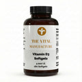 Schwarze Dose der Vitamin D3 Softgels von THE VITAL MANUFACTURE, 4.000 I.E. pro Kapsel, Vorratspackung mit 180 Softgels auf Basis von Sonnenblumenöl.